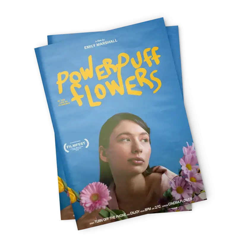 Poster for the film 'Powerpuff Flowers' directed by Emily Marshall, featuring a person surrounded by colorful flowers against a blue background. The title is written in bold yellow letters, and there are additional details about the film at the bottom of the poster.